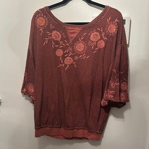 Free People Women's Floral Embroidered Top - Rust. Size L